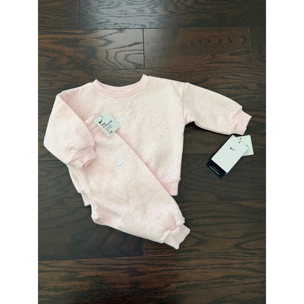 Nike Baby Girls Pink Foam Heather 2-Piece Fleece Sweatshirt Jogger Set 12M NEW